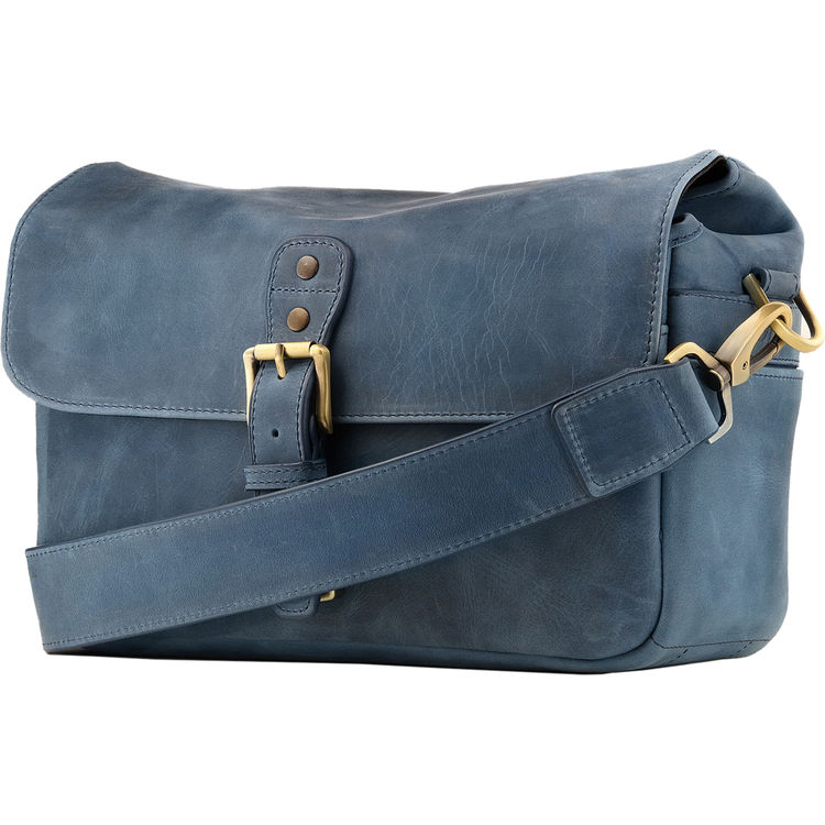 Blue leather camera messenger bag