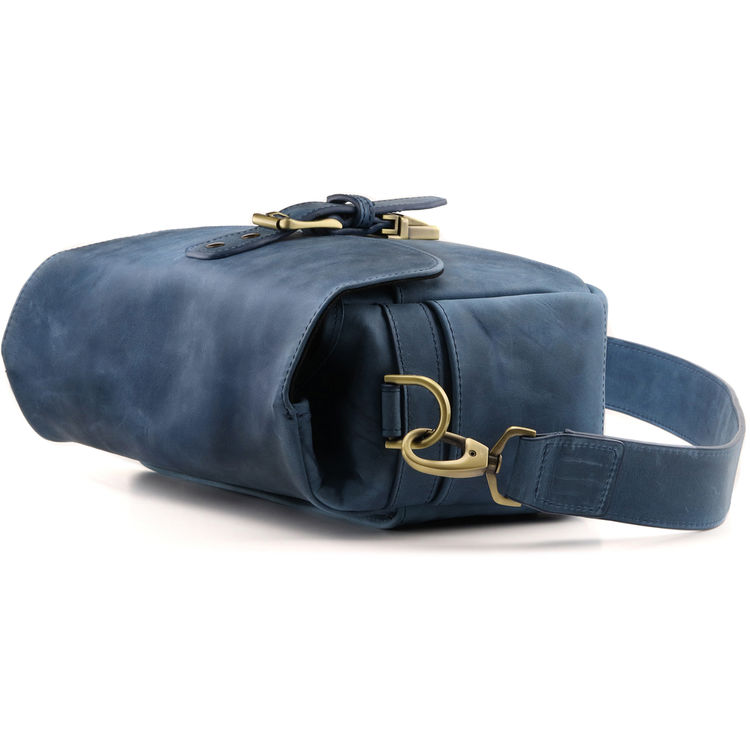 Blue leather camera messenger bag