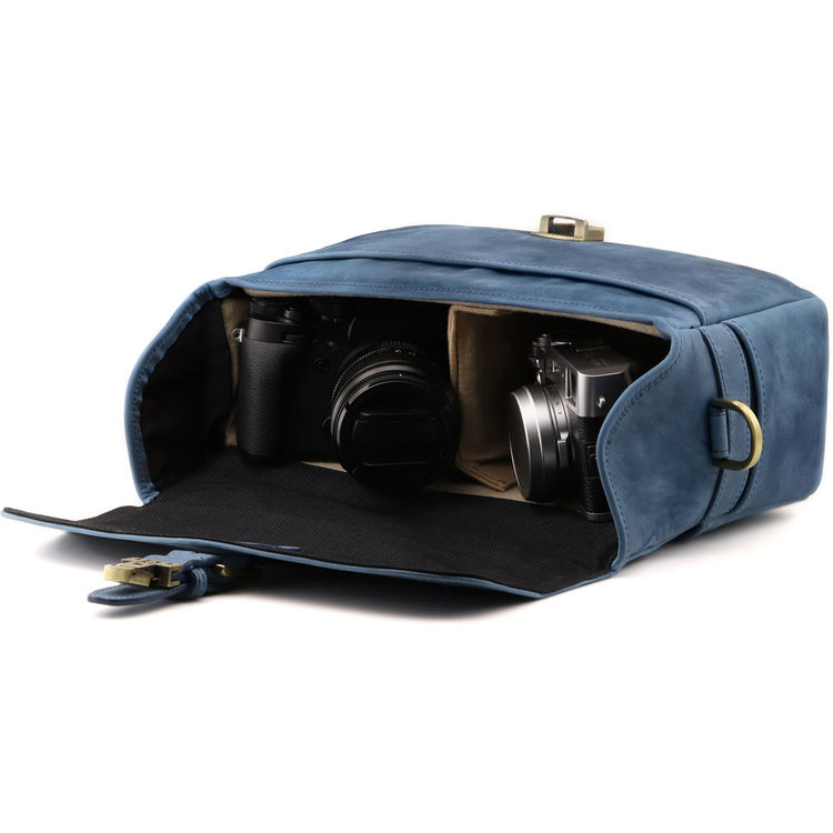 Blue leather camera messenger bag