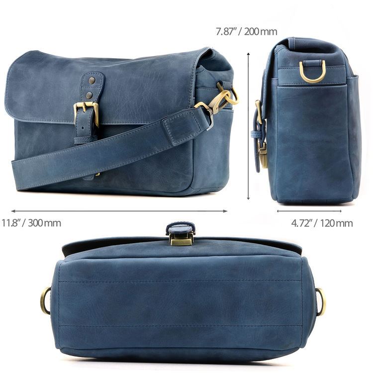 Blue leather camera messenger bag