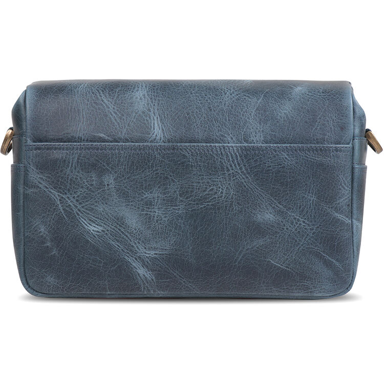 Blue leather camera messenger bag