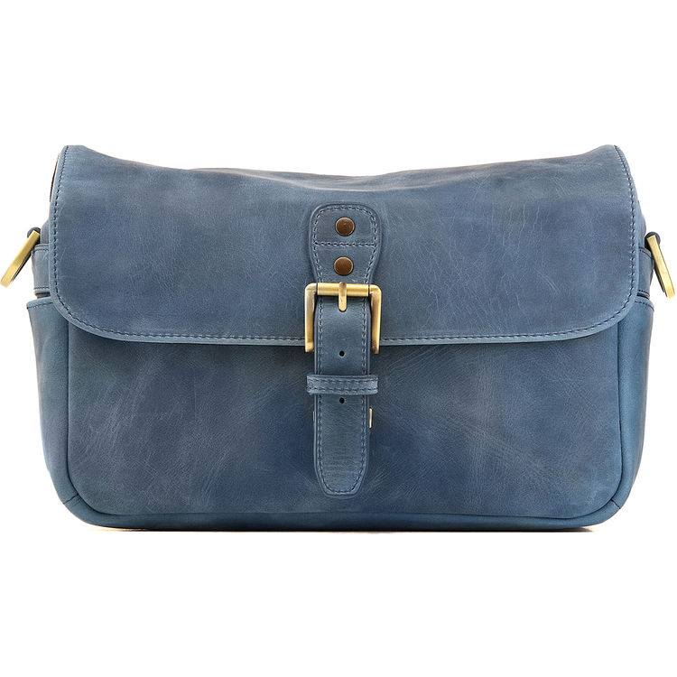 Blue leather camera messenger bag
