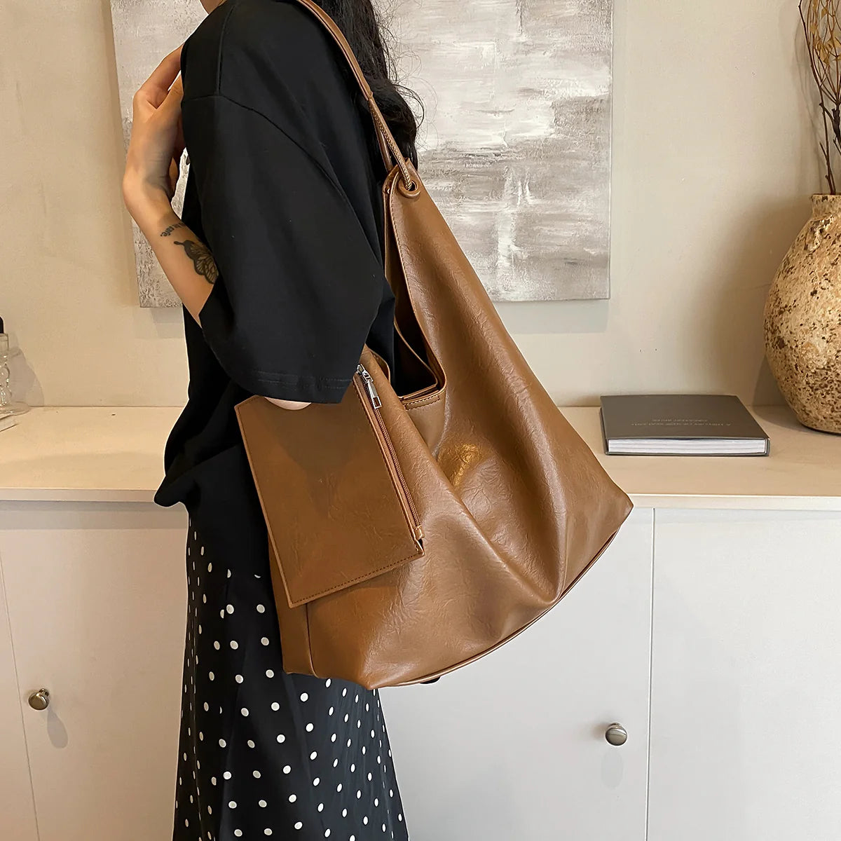 Neutral-Tone Soft Slouch Shoulder Tote With Detachable Slim Pouch Accessory