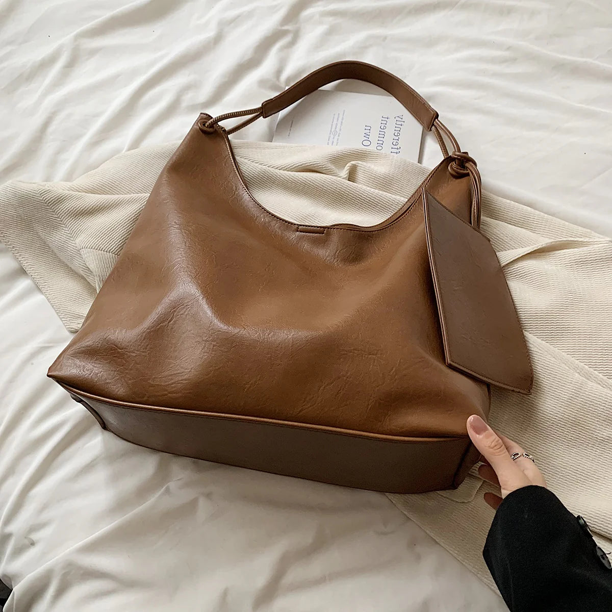 Neutral-Tone Soft Slouch Shoulder Tote With Detachable Slim Pouch Accessory