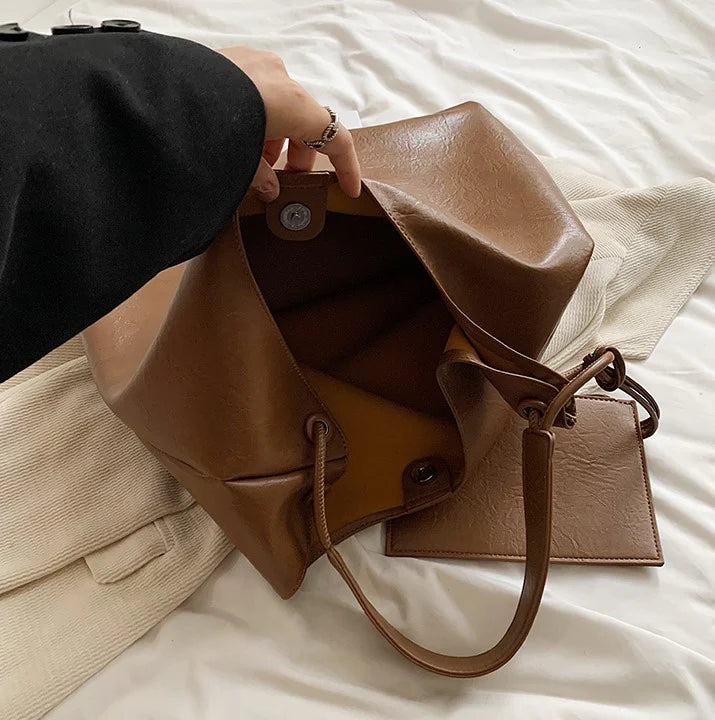Neutral-Tone Soft Slouch Shoulder Tote With Detachable Slim Pouch Accessory