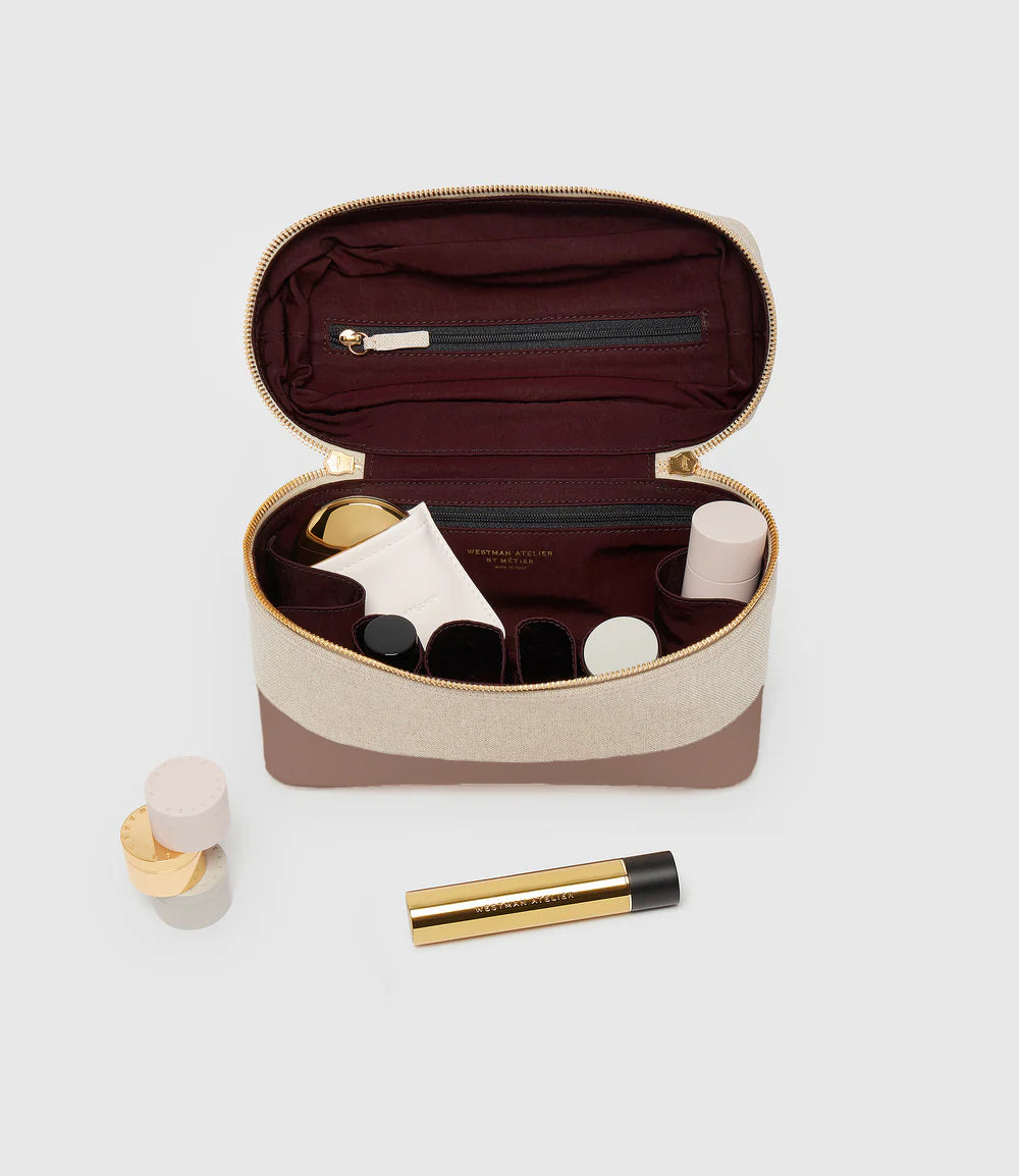 Elegant Linen & Leather Cosmetic Travel Case