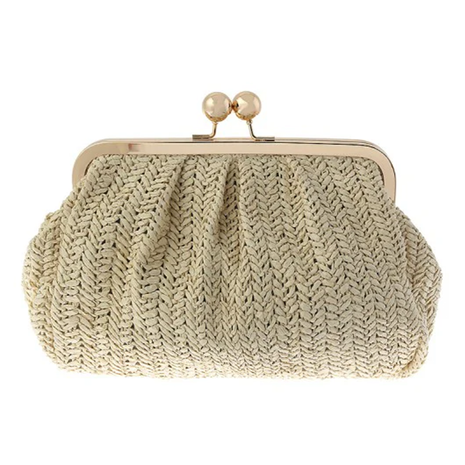 Pleated Kiss-Lock Clutch With Polished Metal Frame And Herringbone Texture