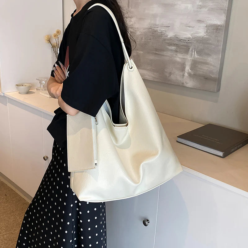 Neutral-Tone Soft Slouch Shoulder Tote With Detachable Slim Pouch Accessory