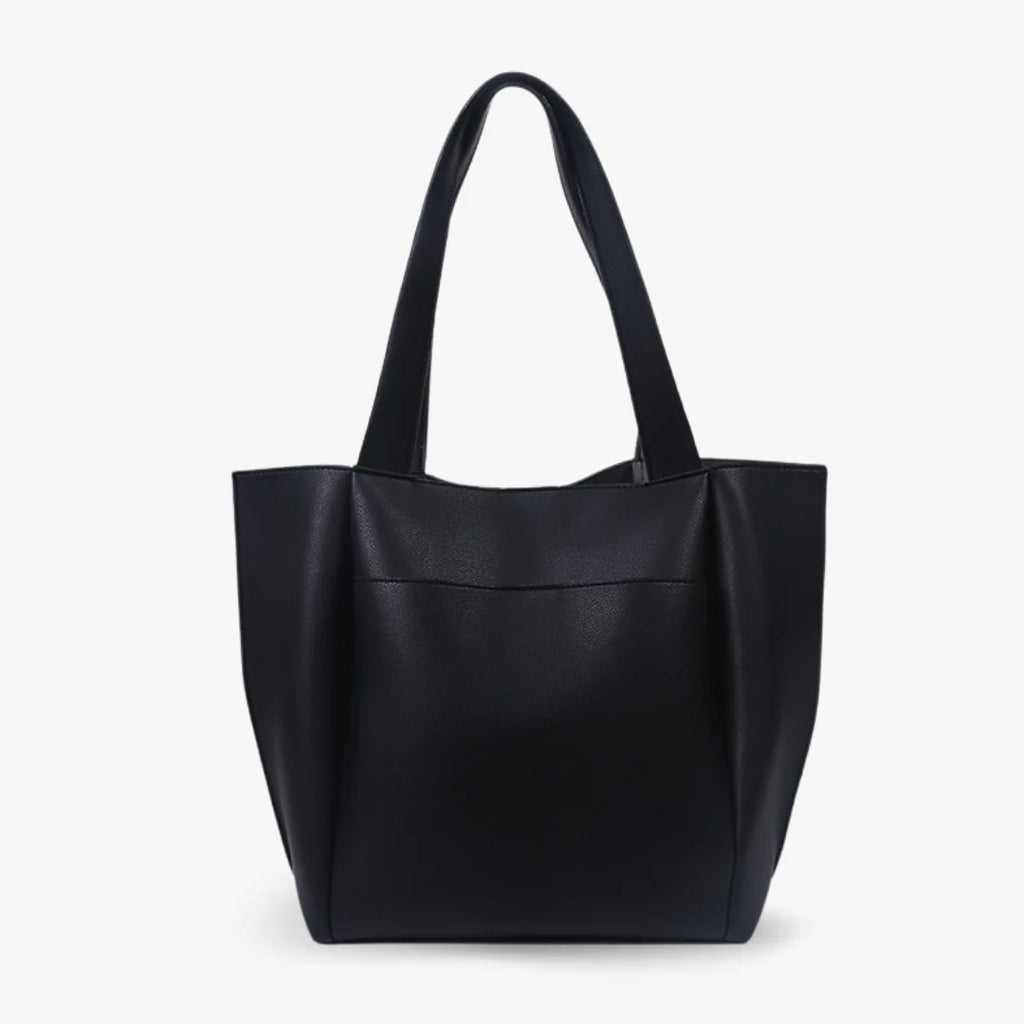 Black And Tan Minimalist Pleated Everyday Shoulder Tote With Front Slip Pocket And Wide Sturdy Straps