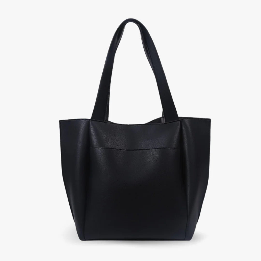 Black And Tan Minimalist Pleated Everyday Shoulder Tote With Front Slip Pocket And Wide Sturdy Straps