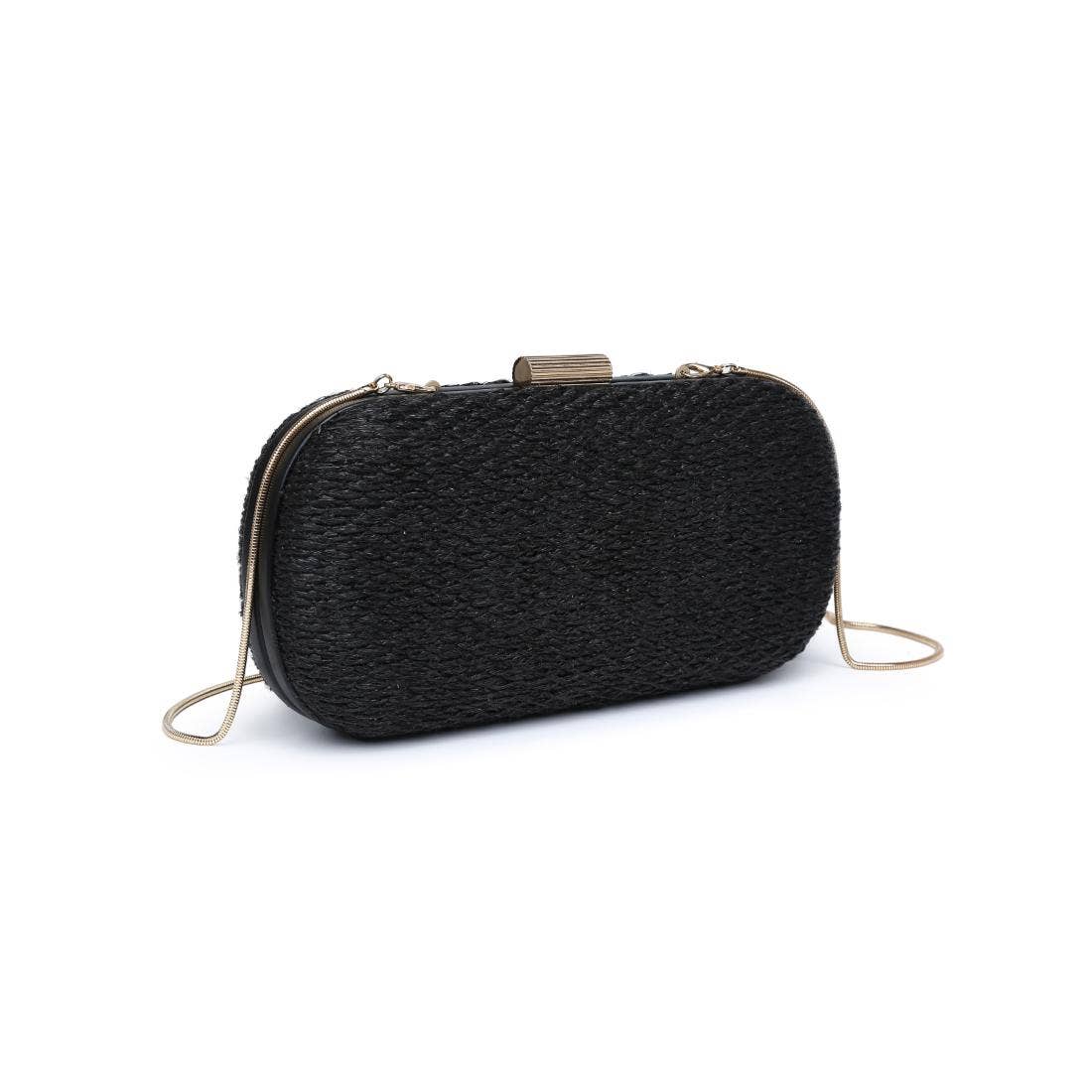 Black Textured Woven Evening Clutch With Ribbed Metallic Clasp And Delicate Chain Strap Lock Bag