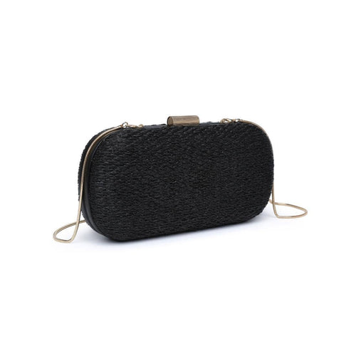 Black Textured Woven Evening Clutch With Ribbed Metallic Clasp And Delicate Chain Strap Lock Bag