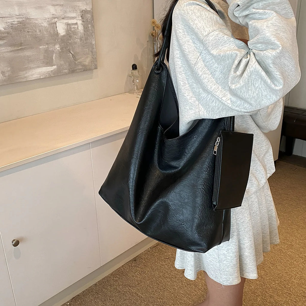 Neutral-Tone Soft Slouch Shoulder Tote With Detachable Slim Pouch Accessory