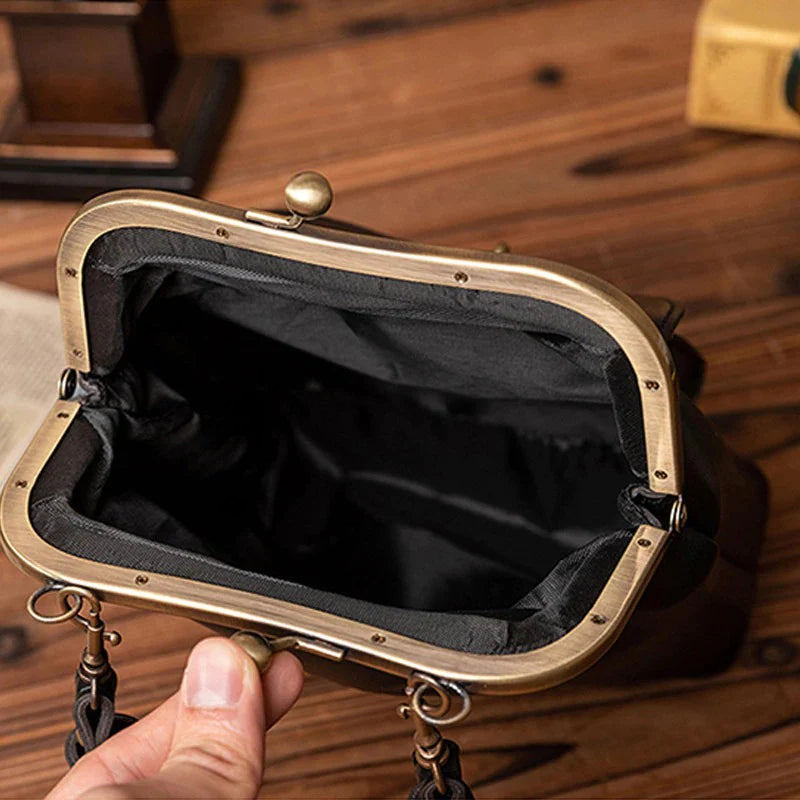 Kiss-Lock Shoulder Bag With Front Turn-Lock Pocket And Antique Metal Hardware