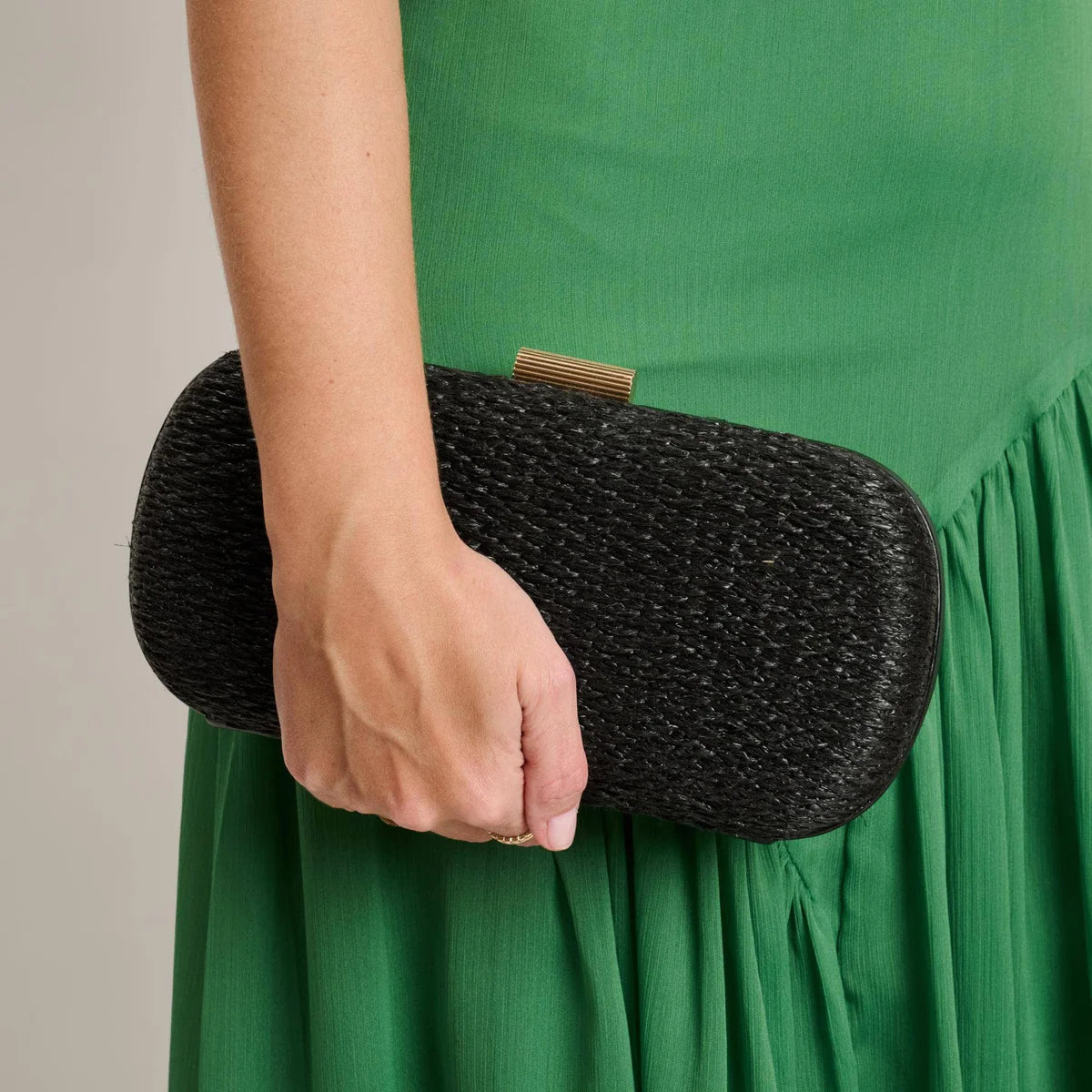 Black Textured Woven Evening Clutch With Ribbed Metallic Clasp And Delicate Chain Strap Lock Bag