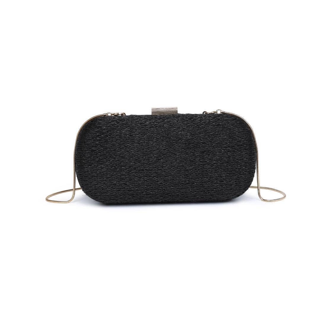 Black Textured Woven Evening Clutch With Ribbed Metallic Clasp And Delicate Chain Strap Lock Bag