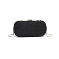 Black Textured Woven Evening Clutch With Ribbed Metallic Clasp And Delicate Chain Strap Lock Bag