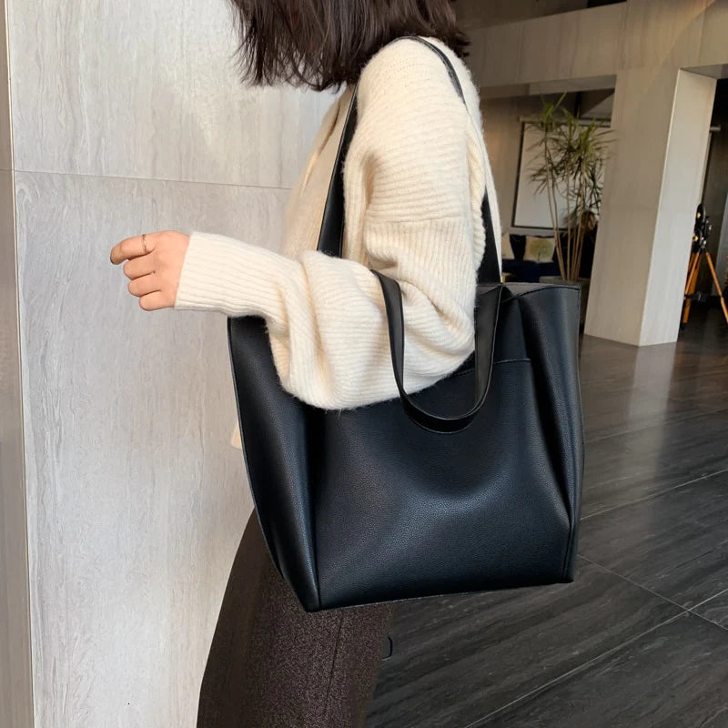 Black And Tan Minimalist Pleated Everyday Shoulder Tote With Front Slip Pocket And Wide Sturdy Straps