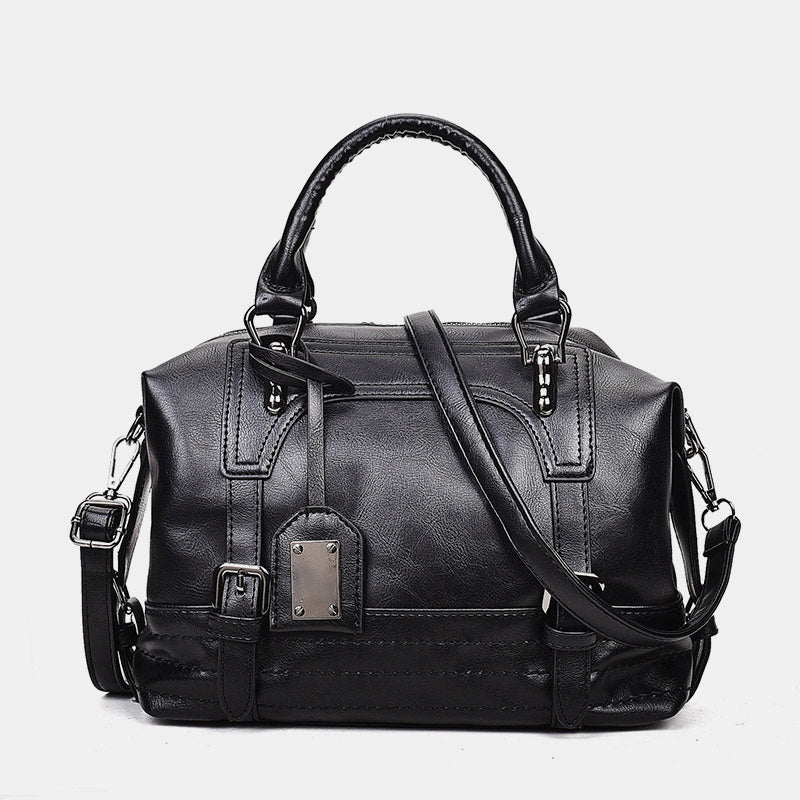 Multi-Tone Vintage-Inspired Structured Doctor-Style Handbag With Contrast Stitching And Metal Accent Plate