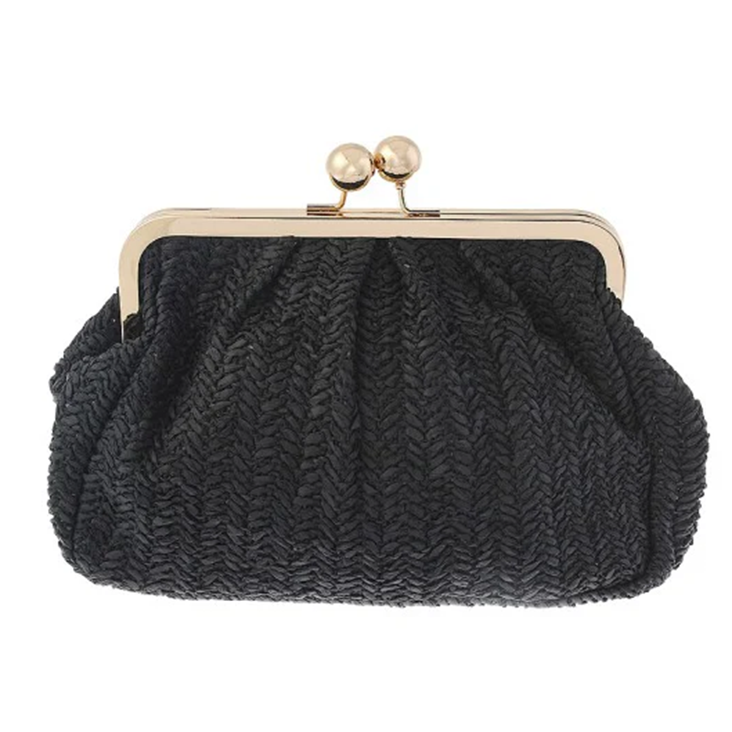 Pleated Kiss-Lock Clutch With Polished Metal Frame And Herringbone Texture