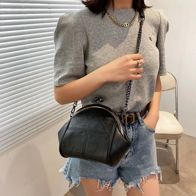 Vintage Kiss-Lock Dome Shoulder Bag With Crisscross Stitch And Mixed Chain Strap Detail
