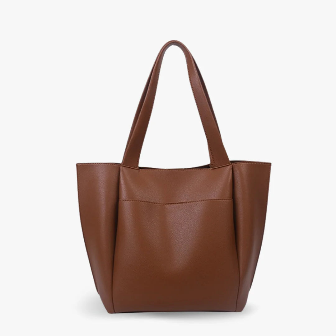 Black And Tan Minimalist Pleated Everyday Shoulder Tote With Front Slip Pocket And Wide Sturdy Straps