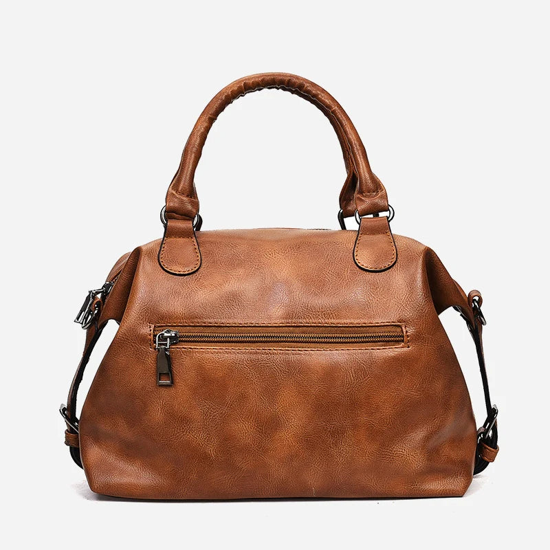 Multi-Tone Vintage-Inspired Structured Doctor-Style Handbag With Contrast Stitching And Metal Accent Plate