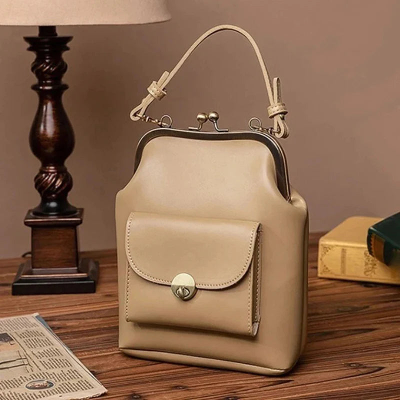 Kiss-Lock Shoulder Bag With Front Turn-Lock Pocket And Antique Metal Hardware