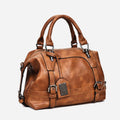 Multi-Tone Vintage-Inspired Structured Doctor-Style Handbag With Contrast Stitching And Metal Accent Plate