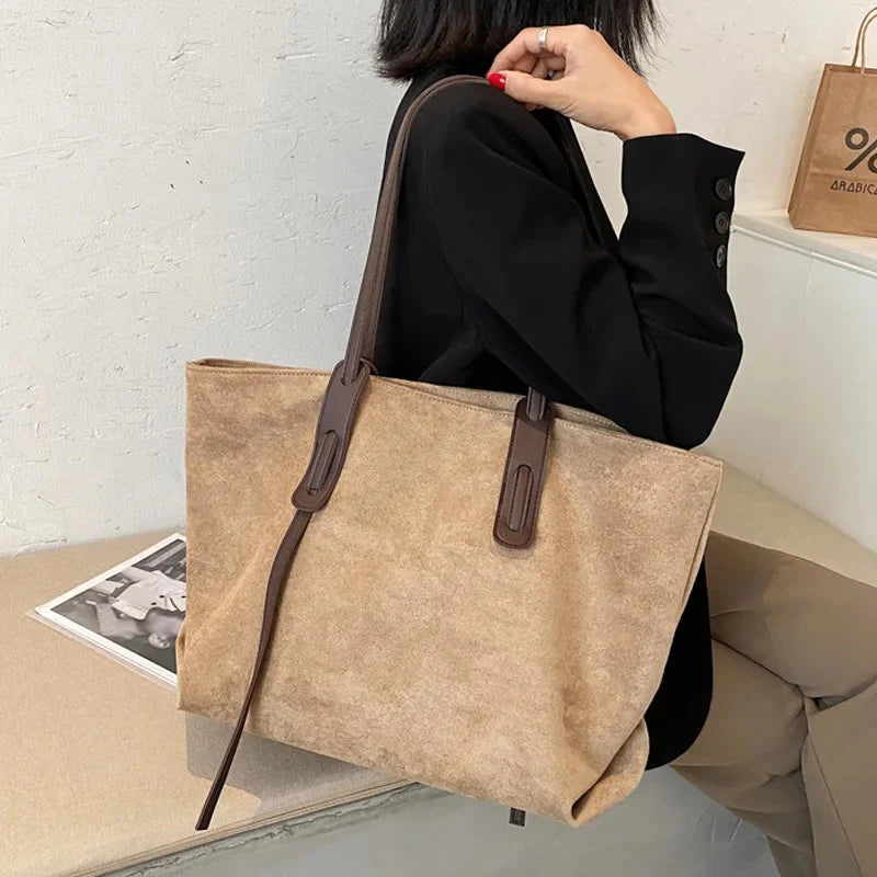Two-Tone Matte Slouch Tote With Contrast Straps And Accent Hanging Detail Shoulder Bag