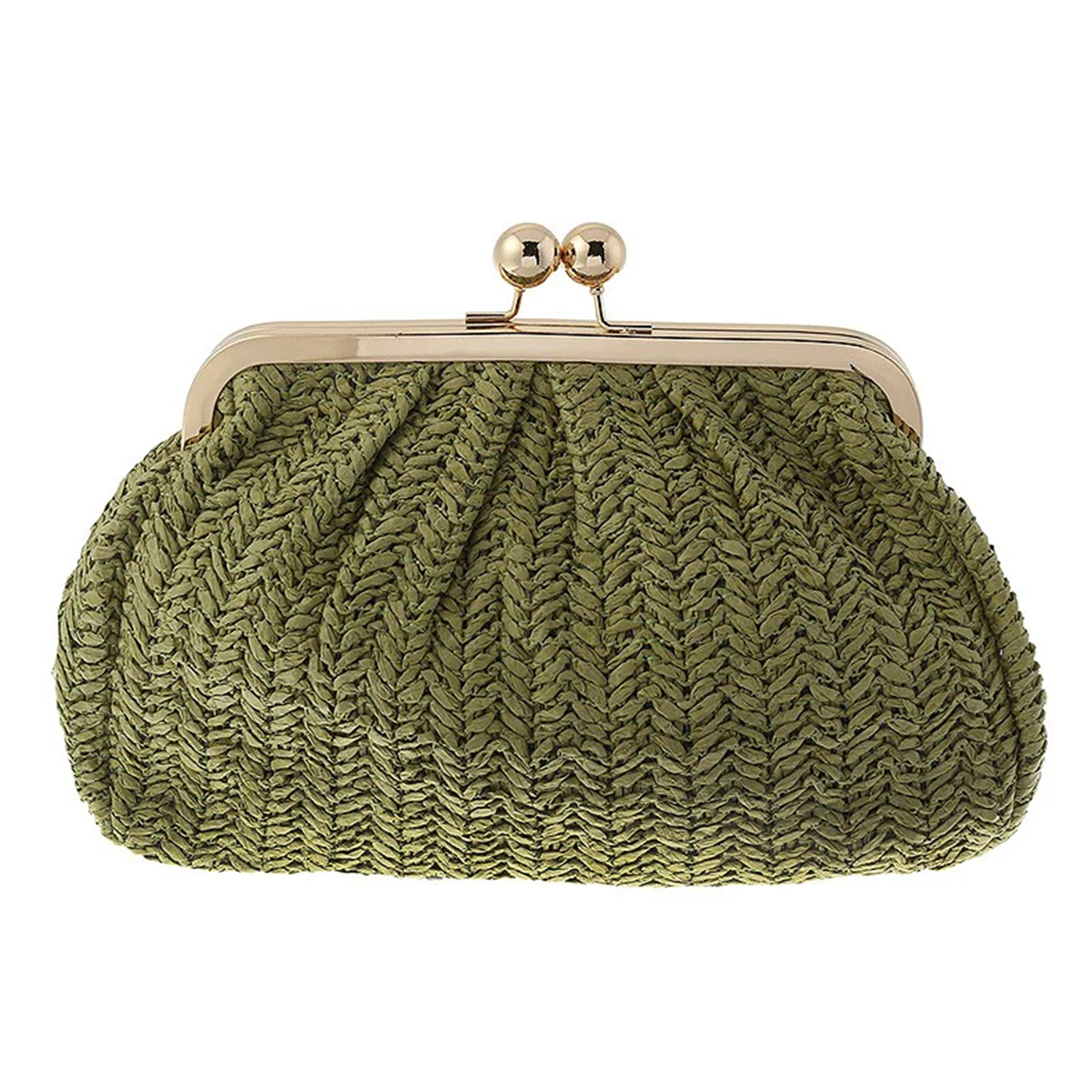 Pleated Kiss-Lock Clutch With Polished Metal Frame And Herringbone Texture