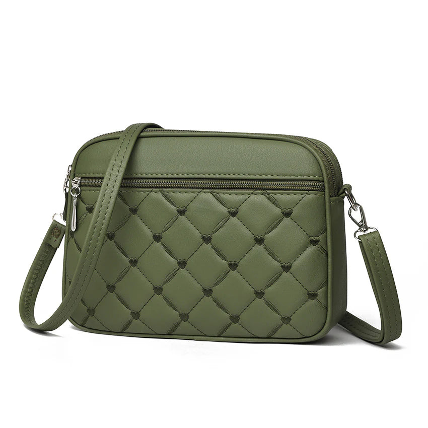 Multi-Color Quilted Heart-Embroidered Everyday Shoulder Bag With Slim Front Zip Pocket