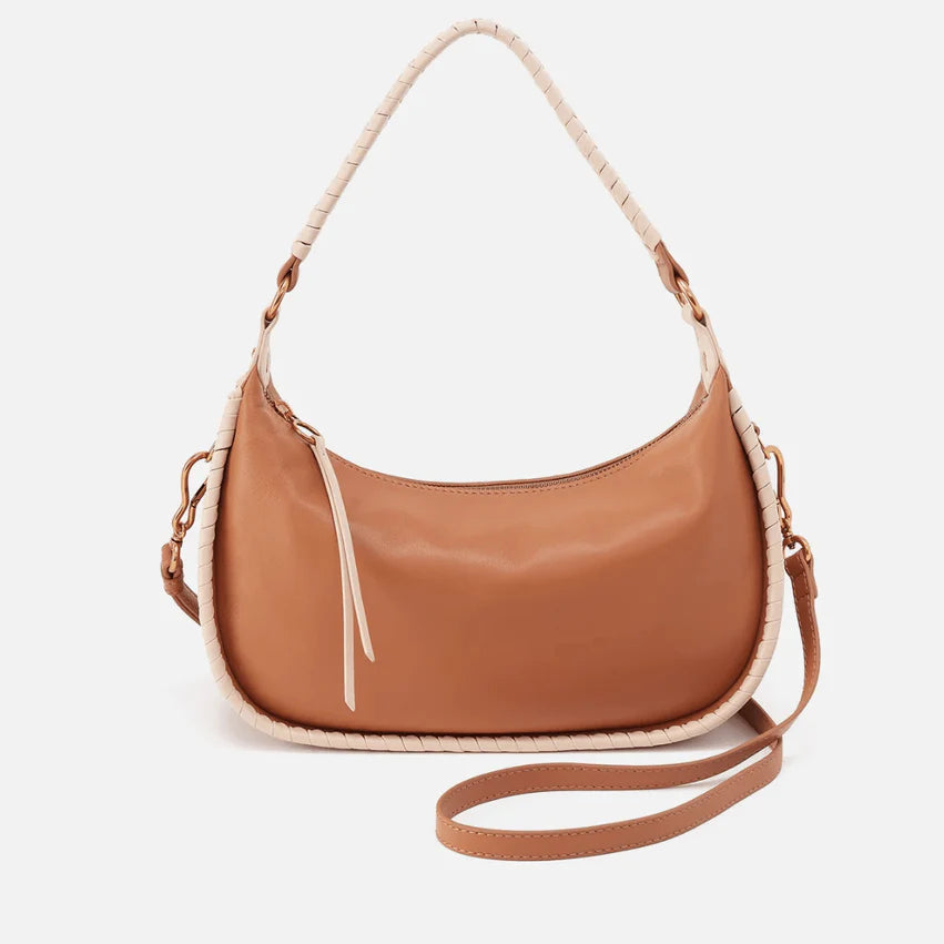 Warm cashew-colored crescent-shaped hobo bag