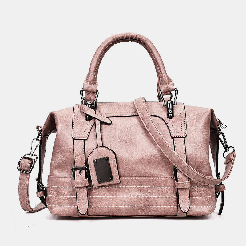 Multi-Tone Vintage-Inspired Structured Doctor-Style Handbag With Contrast Stitching And Metal Accent Plate