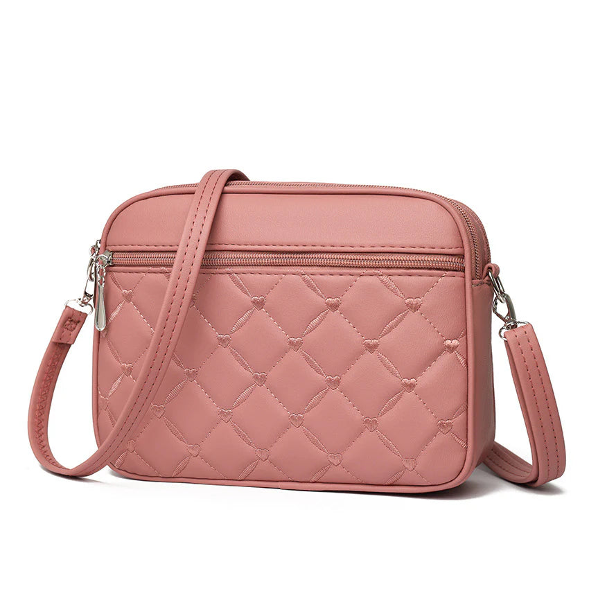 Multi-Color Quilted Heart-Embroidered Everyday Shoulder Bag With Slim Front Zip Pocket