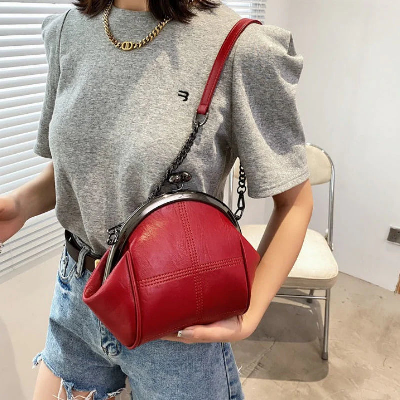 Vintage Kiss-Lock Dome Shoulder Bag With Crisscross Stitch And Mixed Chain Strap Detail